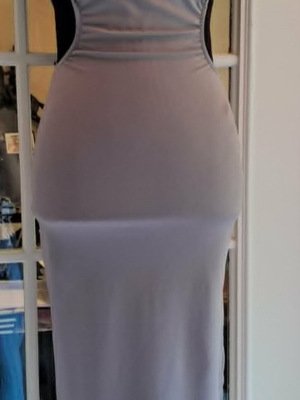 Grey Minimalist Midi Dress XS Square Neck Sleeveless Back Tie Cutout - Picture 3 of 6